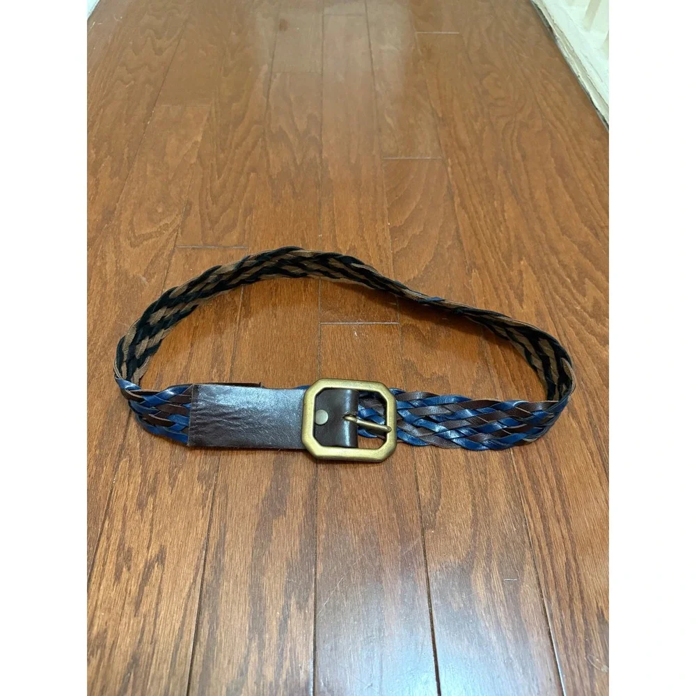 Melamed Womens Braided Leather Belt Blue Brown Woven Brass Buckle Size M 42 Inch
